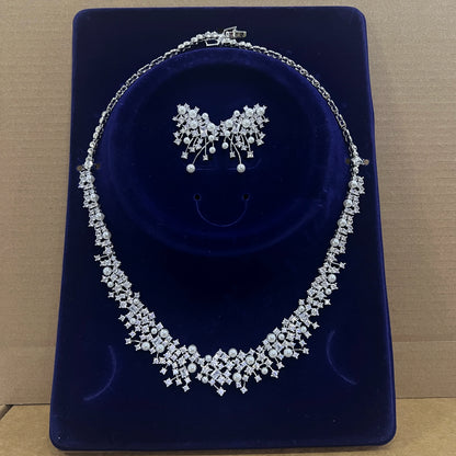 Gorgeous Cubic Zirconia Stone Choker Fashion Pearl Necklace for Women Wedding Bridal Costume Jewelry Set X0620