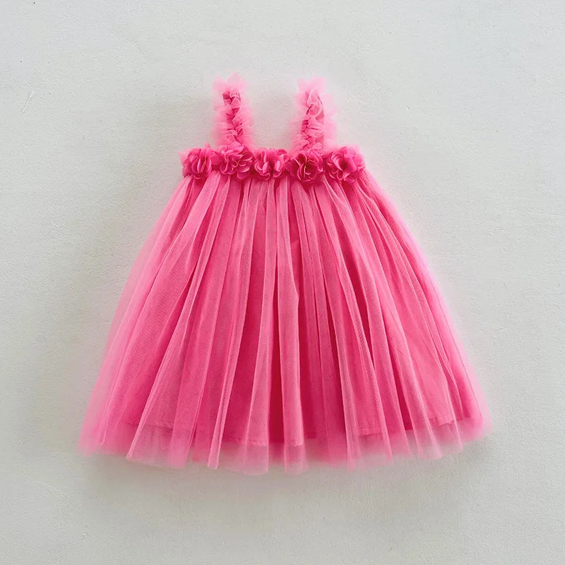 1-6 Y Girls Dresses  3D Flower A Line Dress for Girls Sleeveless Camisole Mesh Dress