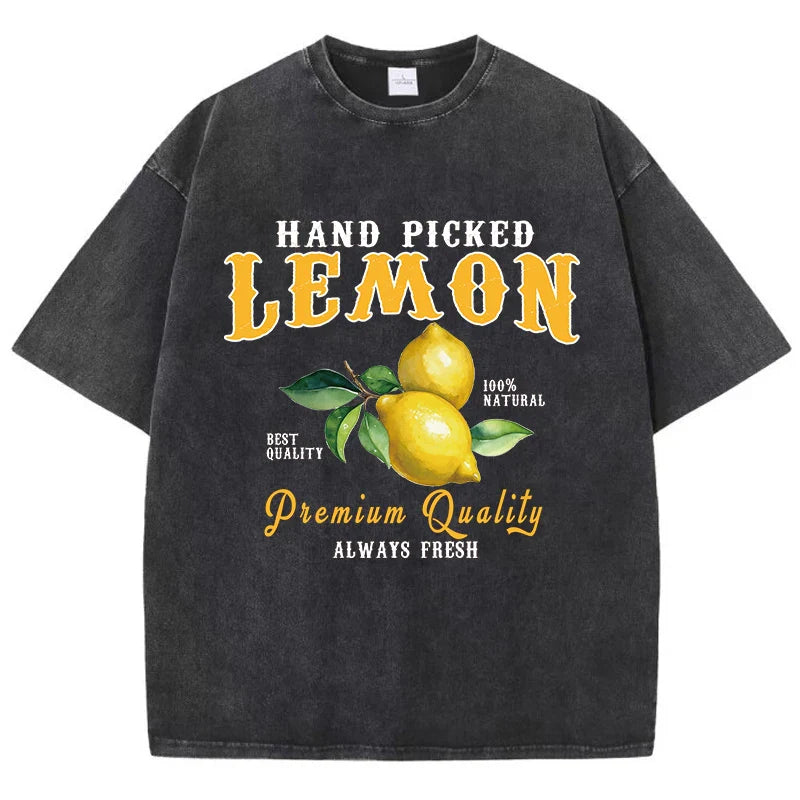 Summer Lemon Washed T-Shirts Womens Cotton Oversized O-Neck T Shirts Fresh Fruit Prints Tops Casual Short Sleeve Woman Clothes