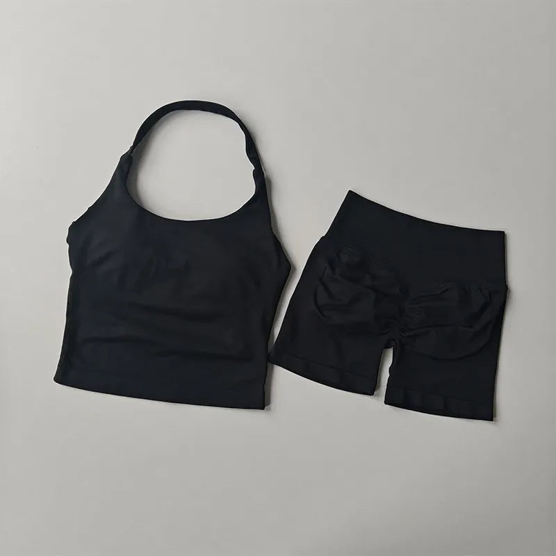 Seamless Halter Neck Yoga Wear Two Piece Women's Push up Sports Bra High Waist Tummy Control Butt Lift Fitness Shorts Set