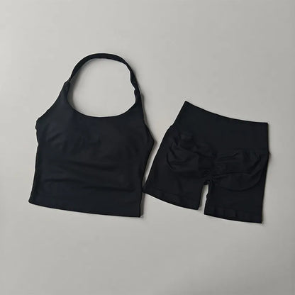 Seamless Halter Neck Yoga Wear Two Piece Women's Push up Sports Bra High Waist Tummy Control Butt Lift Fitness Shorts Set