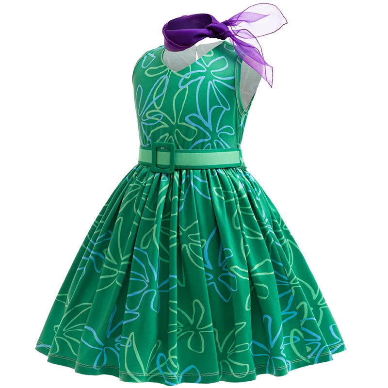 3PCS Full Printing Green Dress for Kids Girl Cosplay Dress+Scarf +Belt Disgust Costume Halloween Disguise Party Joy Clothing