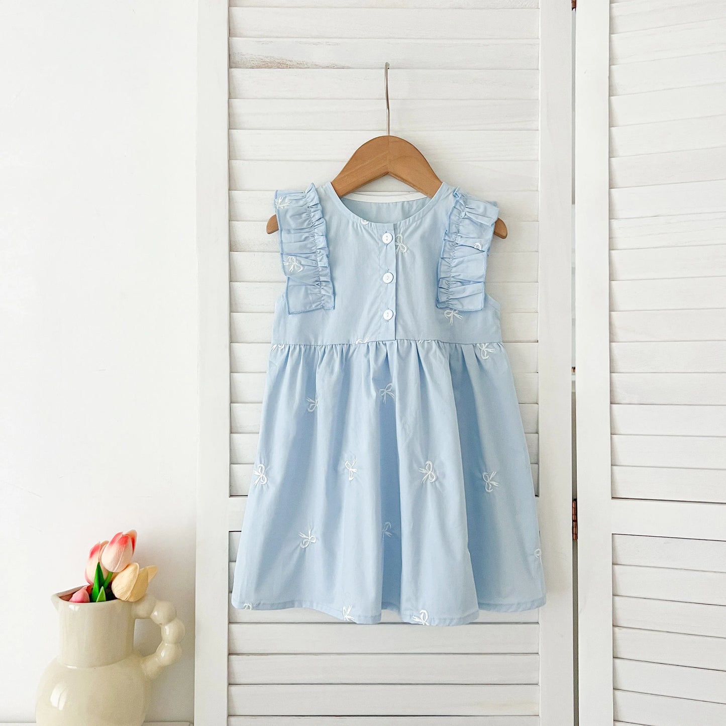 Summer Girls Dress Children's Clothing Bow Embroidered Flower Collar Girl's Dress Cartoon Printed Flying Sleeves Princess Dress