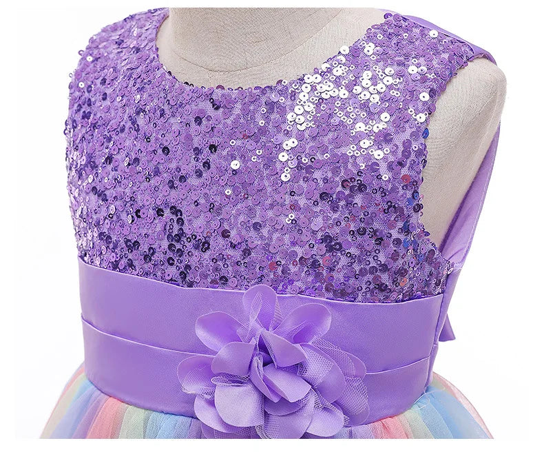 Vestido de princesa flor de lantejoulas para meninas 3-12 anos vestido de laço elegante colorido de renda de malha carnaval festa de aniversário apresentação