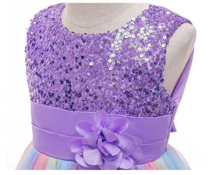 Vestido de princesa flor de lantejoulas para meninas 3-12 anos vestido de laço elegante colorido de renda de malha carnaval festa de aniversário apresentação
