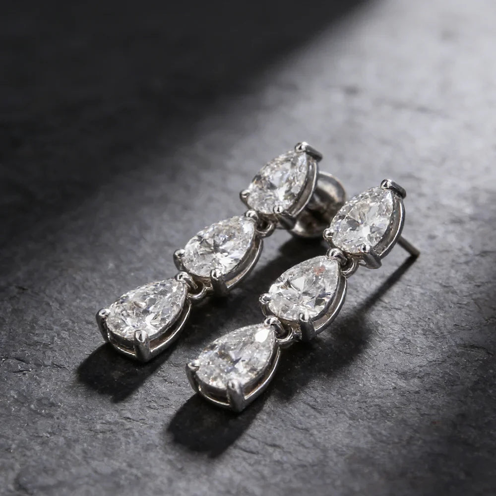 3-Stone Pear Cut Real Moissanite Diamond Drop Earrings for Women 925 Sterling Silver Waterdrop Dangle Earring with Certificate