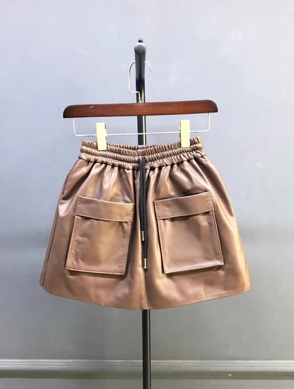 New Autumn Natural Sheepskin Elastic Waist Shorts Skirts A-Line Pocket Wide Leg Casual Above Knee Mini Genuine Leather Skirt 4XL
