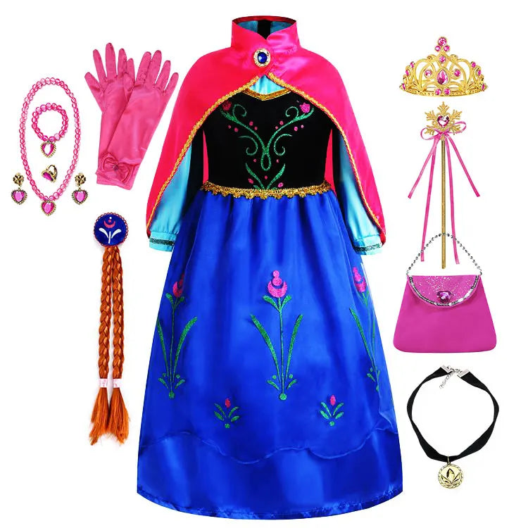 2026 Anna inspired Princess Dress with Fuchsia Cape Girls Snow Queen Elsa's Sister Costume Play Toddler Carnival Royal Frocks