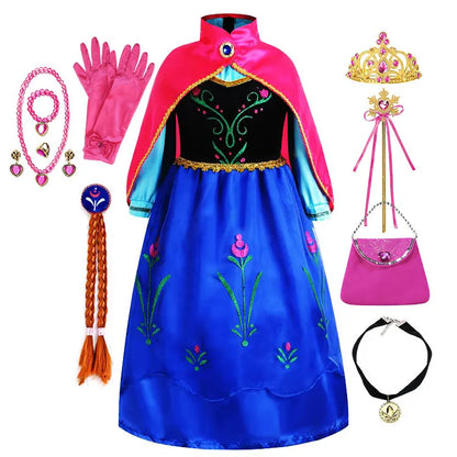 2026 Anna inspired Princess Dress with Fuchsia Cape Girls Snow Queen Elsa's Sister Costume Play Toddler Carnival Royal Frocks