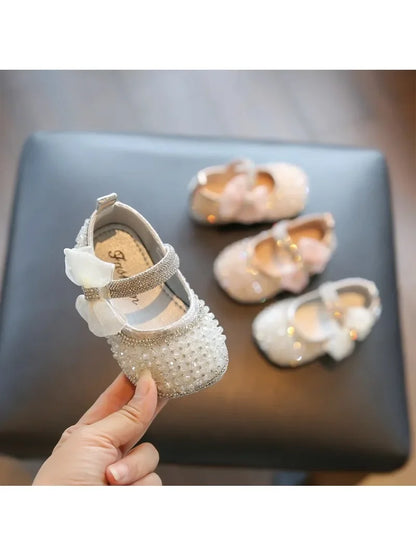 Girls Princess Shoes Lace Mesh Bows Kids Walking Shoes Non-slip Shiny Sequins 2025 New Children Flat Shoes Soft Sole Non-slip