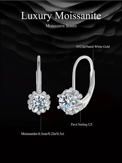 Platinum Plated Moissanite Flower Earrings for Women, Round Cut Lab Diamond 925 Sterling Silver Hypoallergenic Earrings