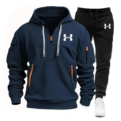 Men's autumn and winter new zipper long sleeved hooded sweatshirt, sports and casual pants, two-piece fitness jogging suit