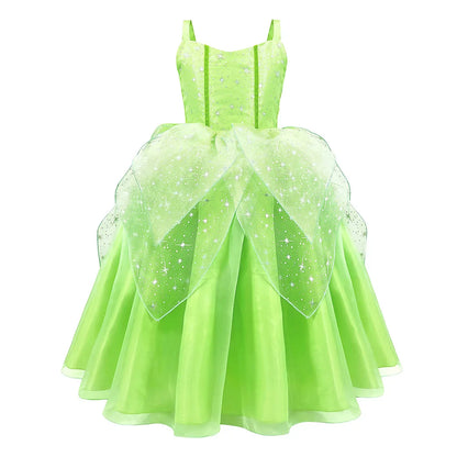 2024 Pixie Fairy Ball Gown Off Shoulder Suspenders Frock Tinker Cosplay Girls Delicate Fancy Princess Dress Toddler Elf Costume