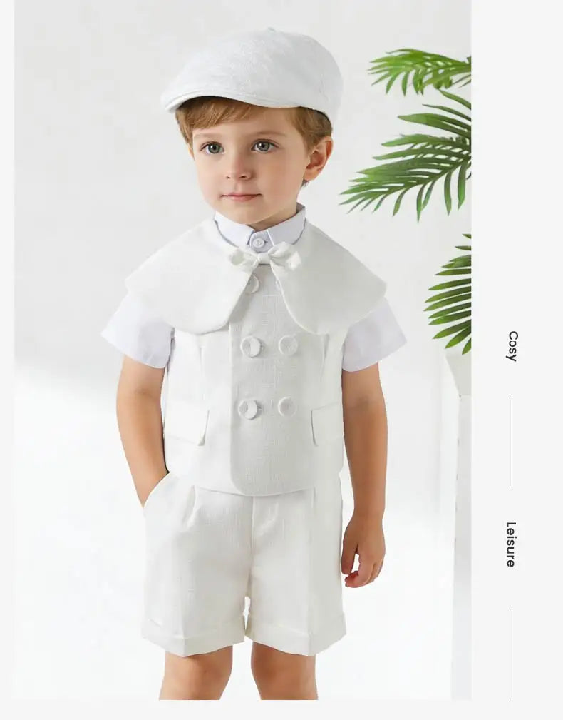 Boys White Linen Suit Set Summer Short Sleeve shawl  Vest & suspenders Shorts Gentleman Outfit for Wedding Party Occasions