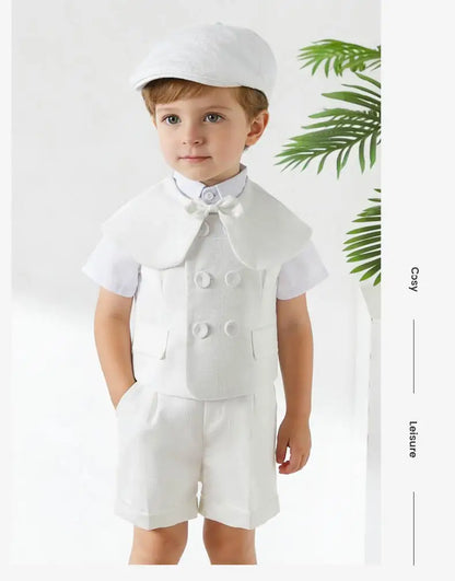 Boys White Linen Suit Set Summer Short Sleeve shawl  Vest & suspenders Shorts Gentleman Outfit for Wedding Party Occasions