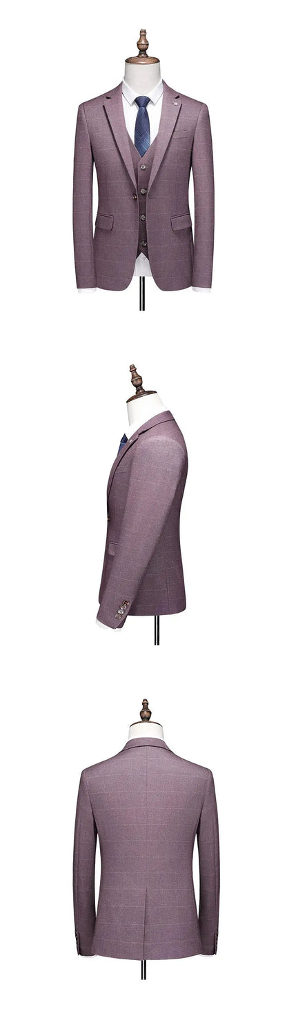 ( Jacket + Vest + Pants ) Fashion Boutique Plaid Mens Casual Business Suit Groom Wedding Dress Formal Slim Plaid Suit