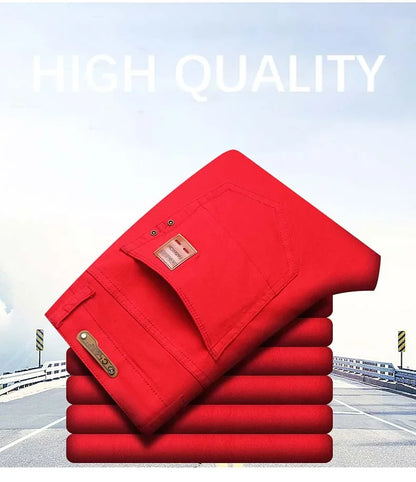 2024 Autumn New Men's Stretch Fit Jeans Bright Trendy Denim Straight-leg Trousers Male Red Lake Blue Yellow Trousers