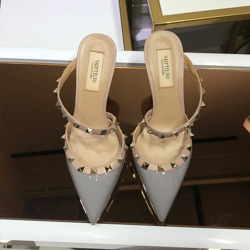 2025 New Genuine Leather Gladiator Pumps Sandals Luxury Metal Rivets Summer Women Outdoor Slippers Black Fashion High Heels 41