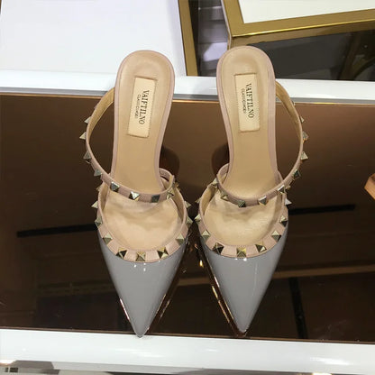 2025 New Genuine Leather Gladiator Pumps Sandals Luxury Metal Rivets Summer Women Outdoor Slippers Black Fashion High Heels 41