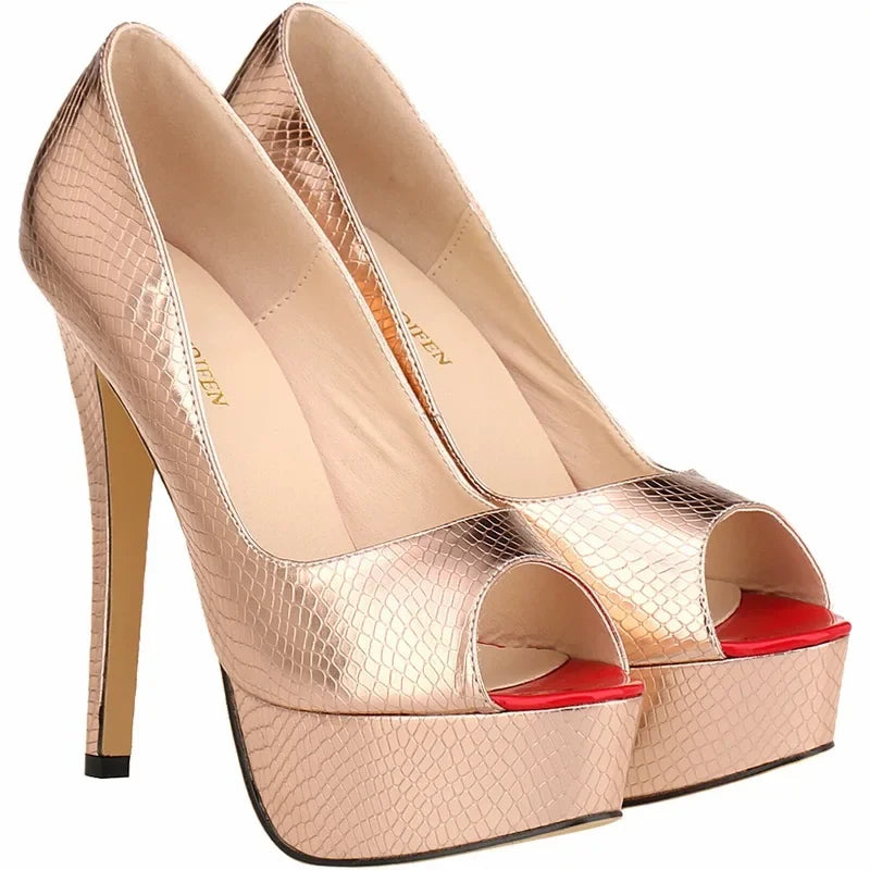 Women Sandals Sexy Pumps Patent Leather Platform Crocodile Pattern 14cm High Heels Peep Toe Stilettos Party Dress Wedding Shoes