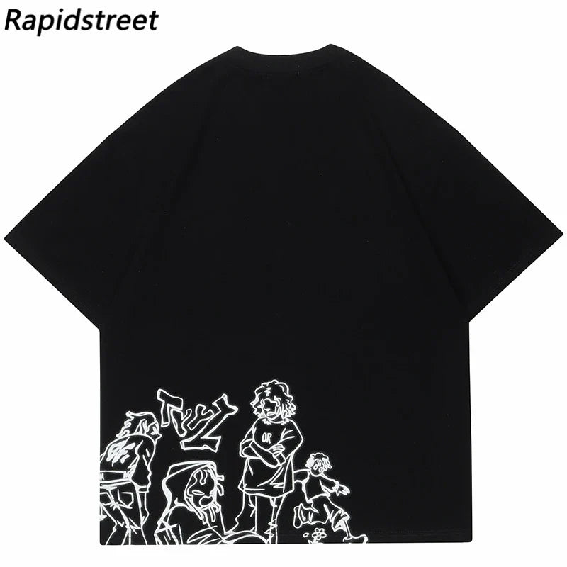 Harajuku Cartoon Girl Cat Japanese Kanji Graphic T Shirt Streetwear Men T-Shirt Summer Short Sleeve Tshirt Tops Tees Unisex