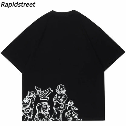 Harajuku Cartoon Girl Cat Japanese Kanji Graphic T Shirt Streetwear Men T-Shirt Summer Short Sleeve Tshirt Tops Tees Unisex