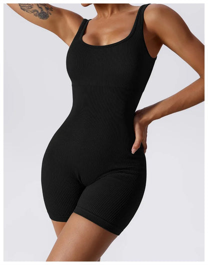 Women's Yoga Rompers One Piece Tummy Control Seamless Ribbed Jumpsuit Padded Sports Bra Workout Romper Fashion Fitness Sportwear
