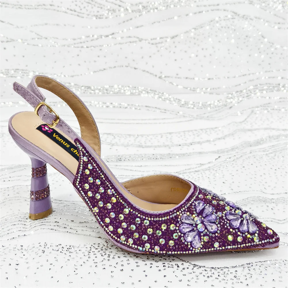 Purple High Heel Party Shoes & Rhinestone Handbag Set - Elegant Italian Design for Weddings and Special Occasion