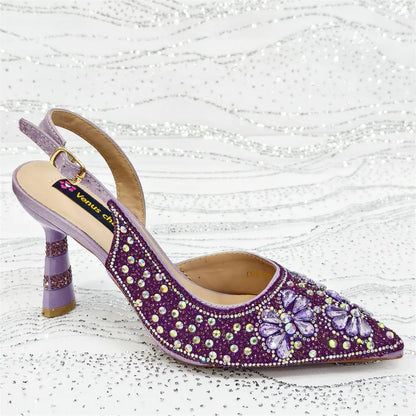 Purple High Heel Party Shoes & Rhinestone Handbag Set - Elegant Italian Design for Weddings and Special Occasion