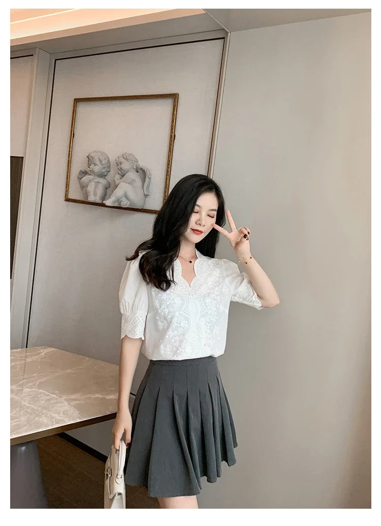 2026 Summer Embroidery Puff Sleeve Linen Cotton Women Blouse Spring Casual White Hollow Out Tops Short Sleeve Shirt