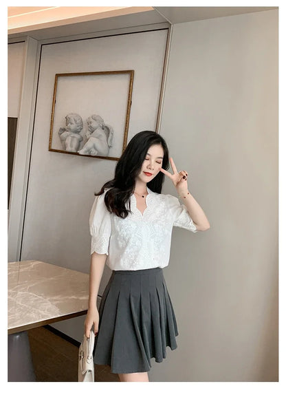 2026 Summer Embroidery Puff Sleeve Linen Cotton Women Blouse Spring Casual White Hollow Out Tops Short Sleeve Shirt