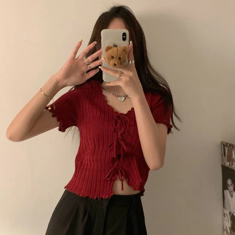 TShirt For Women V-neck Summer Simple Versatile Casual Crop Tops Bandage Ribbed Short Sleeve Women's Top T-Shirt Girl