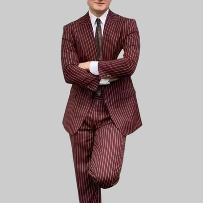 Formal Burgundy Stripes Business Stylish Casual Single Breasted Dress Suit 3 Piece Wedding Suit For Men Office Work Party Prom
