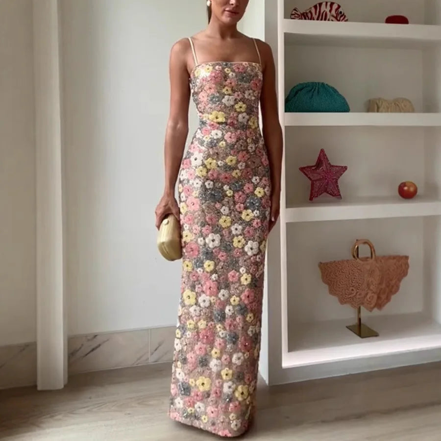 Women Flowers Sequin Patchwork Slim Party Long Dress Strapless Fashion Maxi Dress, Sexy Sleeveless Ladies Dress Vestidos