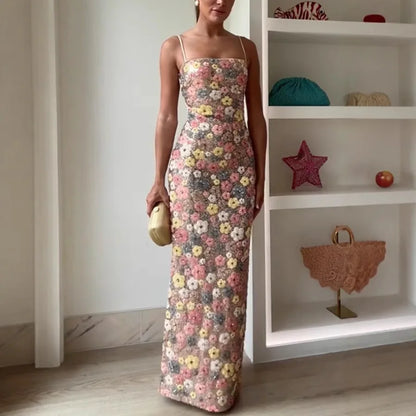 Women Flowers Sequin Patchwork Slim Party Long Dress Strapless Fashion Maxi Dress, Sexy Sleeveless Ladies Dress Vestidos