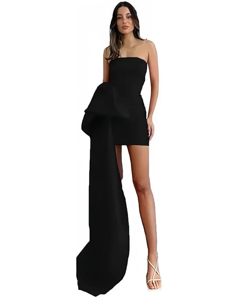 Satin Homecoming Dresses Short A Line Prom Dress Strapless Zipper Open Back Side Big Bow Mini Cocktail Gown Dance Party Dress