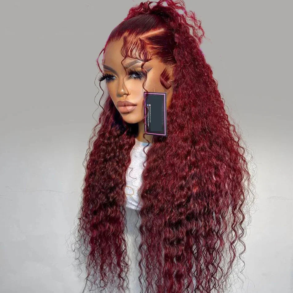 34 Inch Burgundy 13x4 Hd Lace Frontal Human Hair Wig Deep Wave Curly Wigs For Women Water Wave Colored 99j Red Lace Front Wig