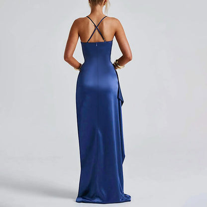Women's Fashion Elegant Fitted Pleated Slit Satin Gown Solid Color Sleeveless Backless Long Dresses Summer Satin Party Dress