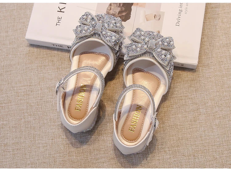 Kid's Sandals high Heels Pumps Rhinestone Bow Silver Party Breathable Shoes For Girl PU Leather Footwear for Kids Size 26-36