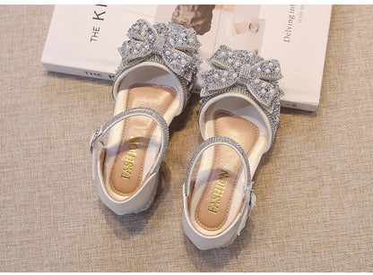 Kid's Sandals high Heels Pumps Rhinestone Bow Silver Party Breathable Shoes For Girl PU Leather Footwear for Kids Size 26-36