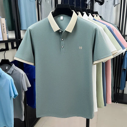 Designer brand silk cotton short sleeve polo shirt summer new Korean casual men's T-shirt fashion embossed soft breathable top