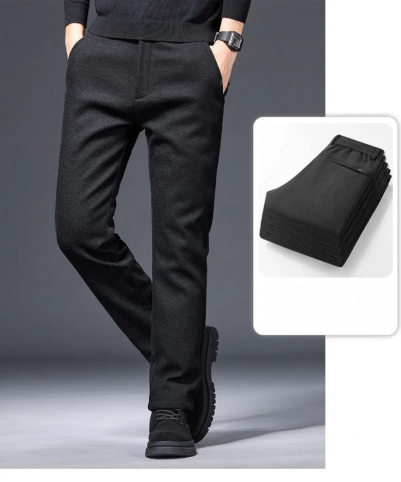 Men's Winter Fleece Elastic Casual Pants Thick Warm Soft Business Stretch Slim Trousers Streetwear Fashion Korean Brand Clothes