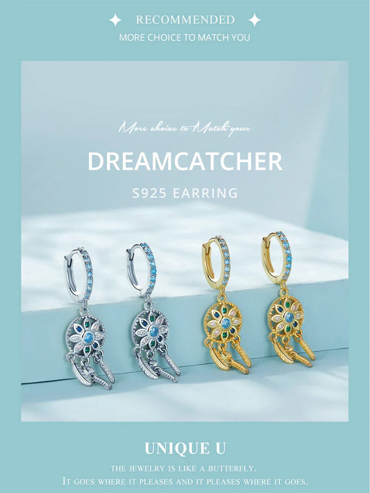 925 Sterling Silver Bohemia Dreamcatcher Hanging Drop Earrings for Women Boho Style Earrings Fashion Jewelry 2 Colors