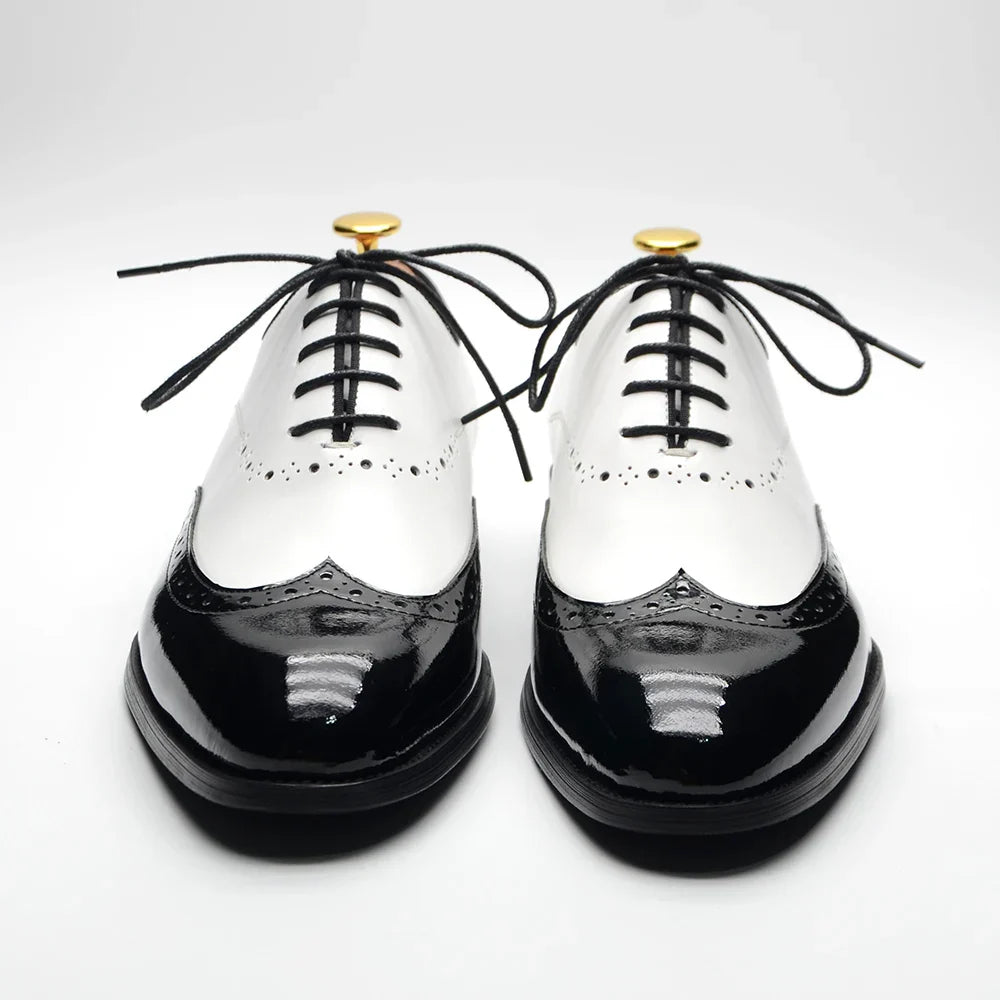 Formal Oxfords Shoes for Men White Black Real Cow Patent Leather Business Lace-up Wingtip Toe Brogue Wedding Mens Dress Shoes
