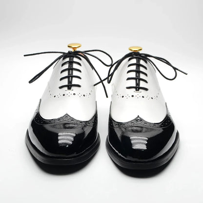 Formal Oxfords Shoes for Men White Black Real Cow Patent Leather Business Lace-up Wingtip Toe Brogue Wedding Mens Dress Shoes