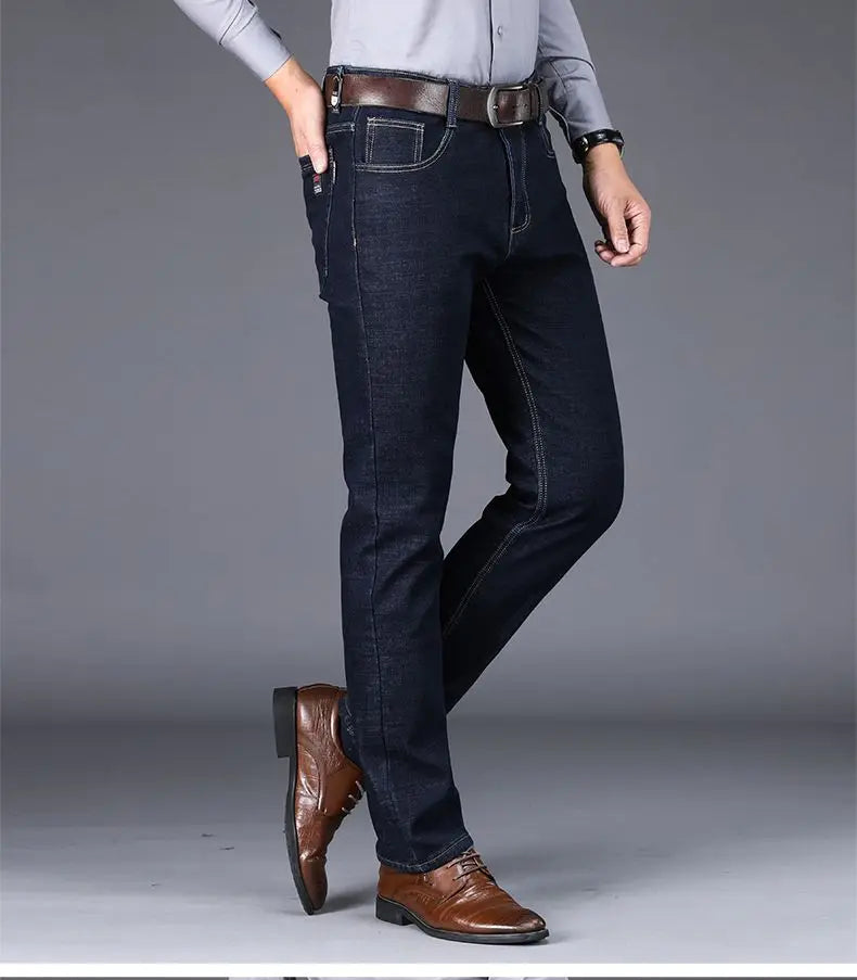 Autumn and Winter New Male Business Casual Stretch Trousers Concise Blue Denim Pants Men's Loose Straight Jeans Jeans for Man