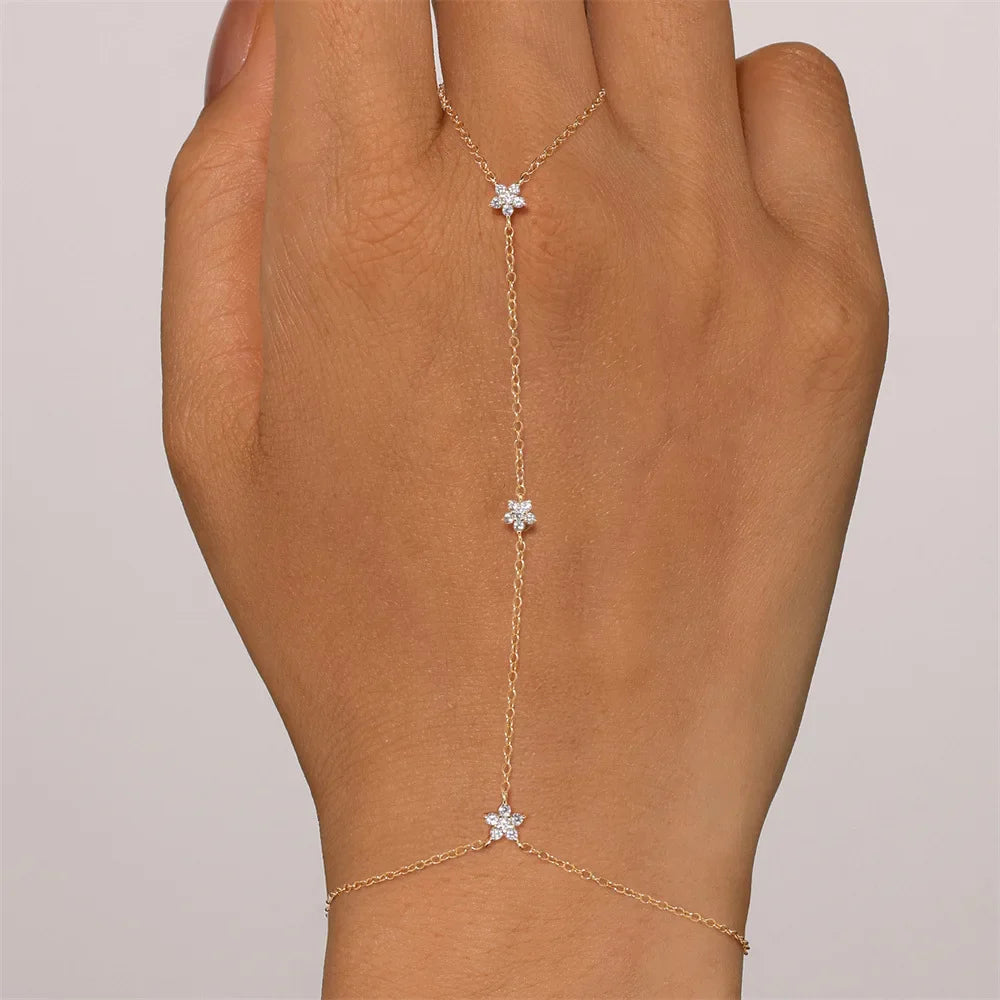 Dainty 5A Zircon Finger Ring Chain Bracelets Flower High Carbon Bracelet for Women Girl Adjustable s925 Silver Jewelry Gift