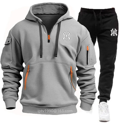 A stylish, casual and fitness two-piece set for men's autumn and winter 2025: zipper hoodie, long-sleeved pullovers and jogging