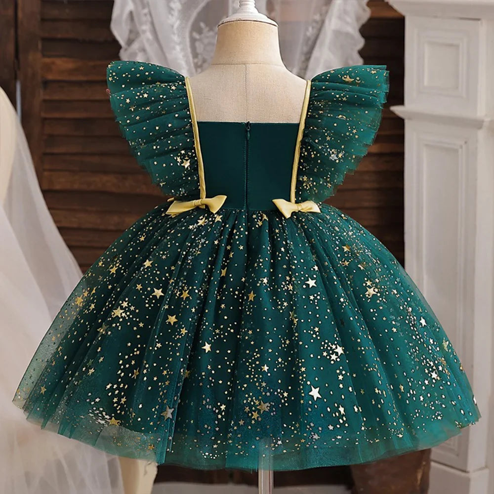 Princess Dress for Girls Sequined Star Ruffle Bow Tutu Gown Baby Formal Gala Prom Gown Kids Evening Party Costume