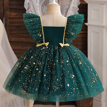 Princess Dress for Girls Sequined Star Ruffle Bow Tutu Gown Baby Formal Gala Prom Gown Kids Evening Party Costume